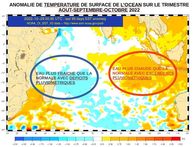 Anomalie moyenne de la température de surface de la mer entre aout et Octobre 2022 
